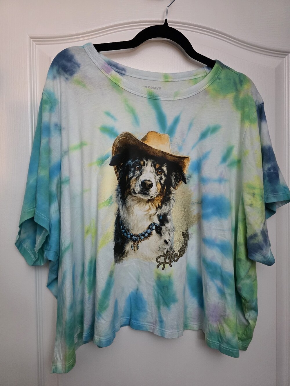 Old Navy Blue & Green Custom Tie-Dye Dog Graphic Crop Tee